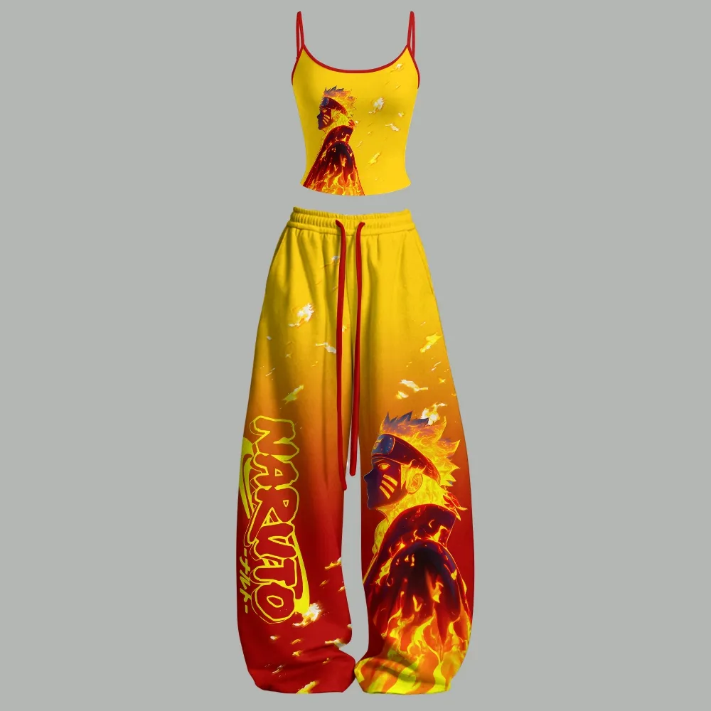 Naruto Uzumaki Flame Cami Crop Top and Wide Leg Trousers Two-Piece Set, Women's Yellow and Red Anime Lounge Outfit, Hidden Leaf Ninja Set