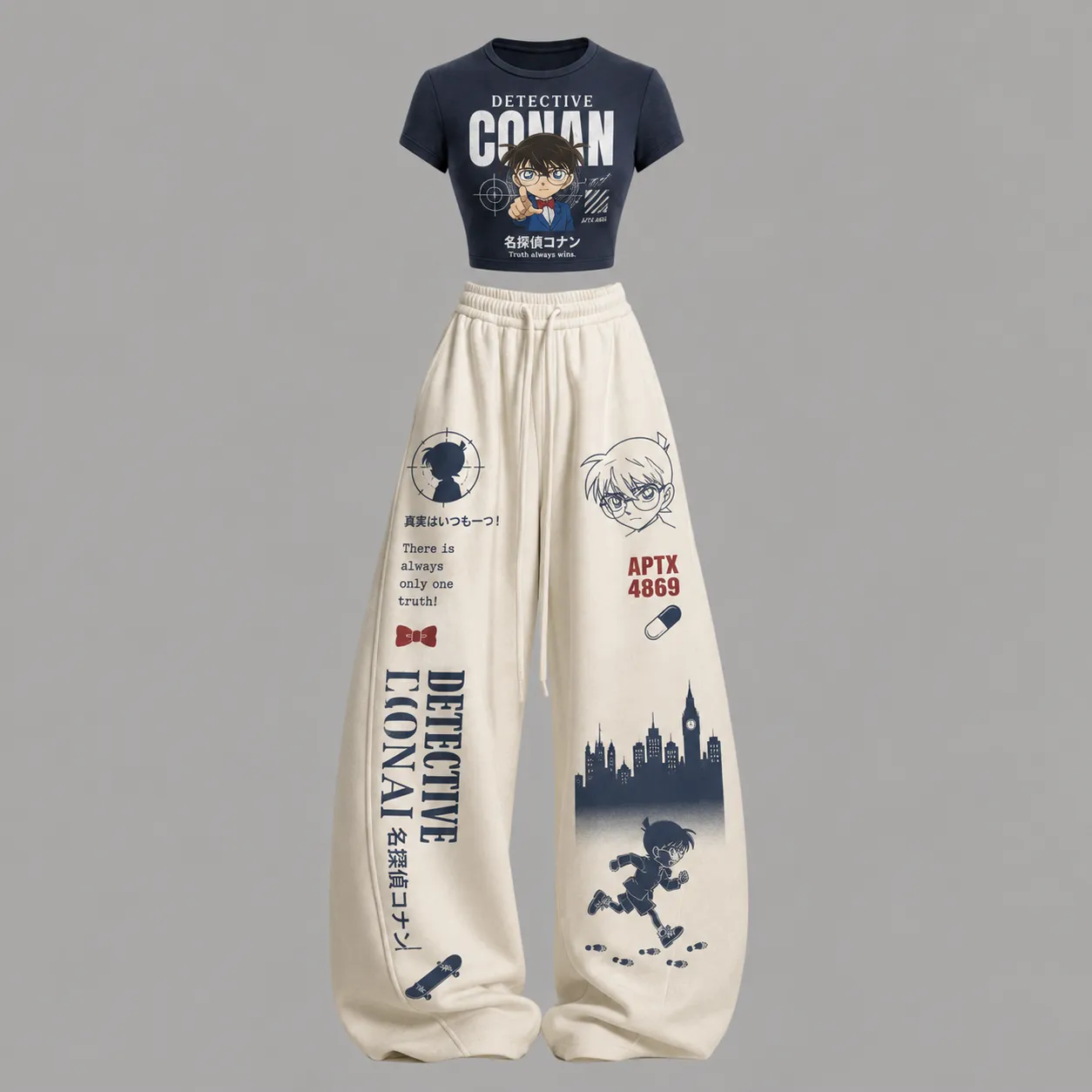 Detective Conan Truth Always Wins Crop T-Shirt and Elasticated Trousers Two-Piece Set, Women's Navy and Cream Anime Lounge Outfit