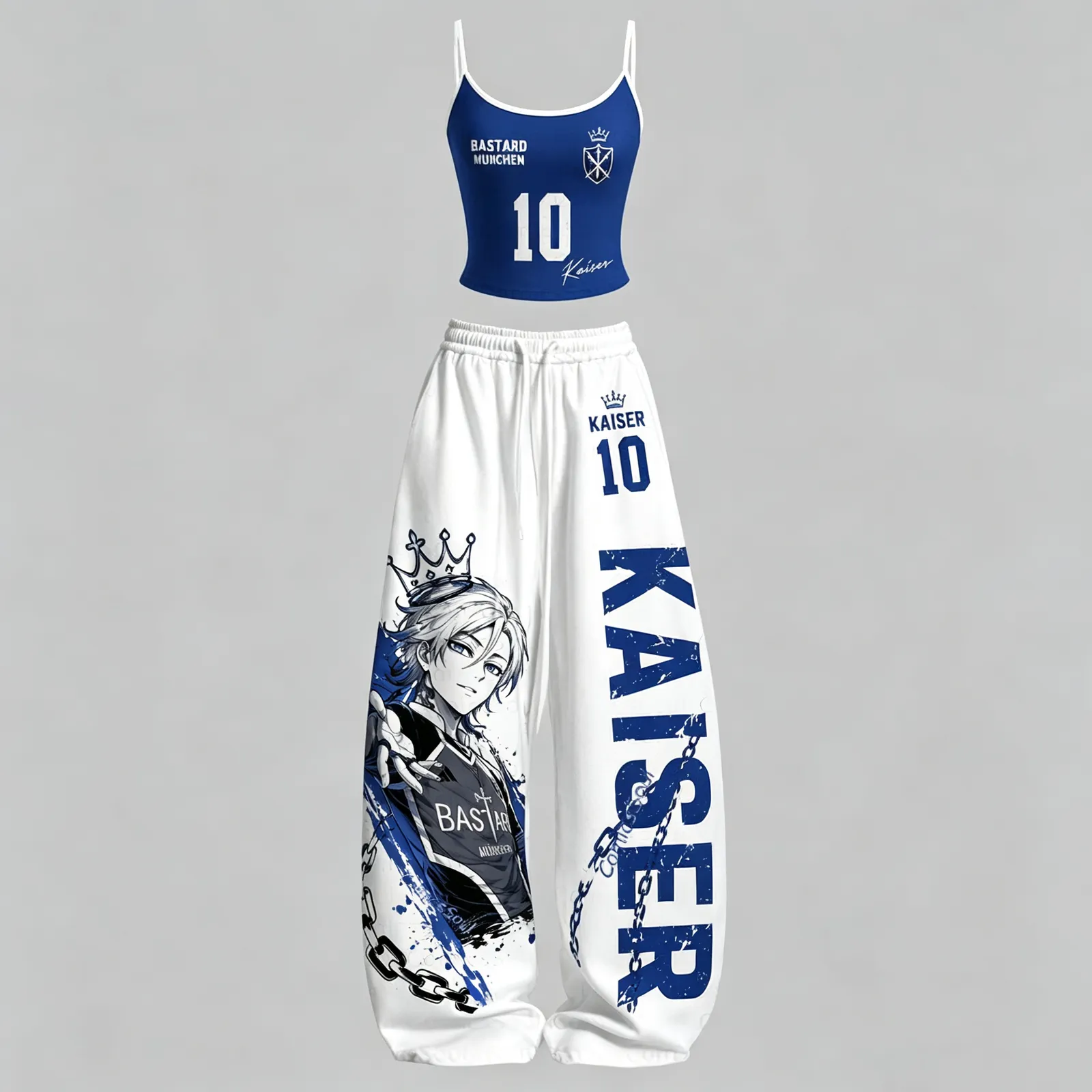 Blue Lock Michael Kaiser 10 Cami Crop Top and Elasticated Wide Leg Trousers Two-Piece Set, Women's Cobalt and White Soccer Anime Outfit