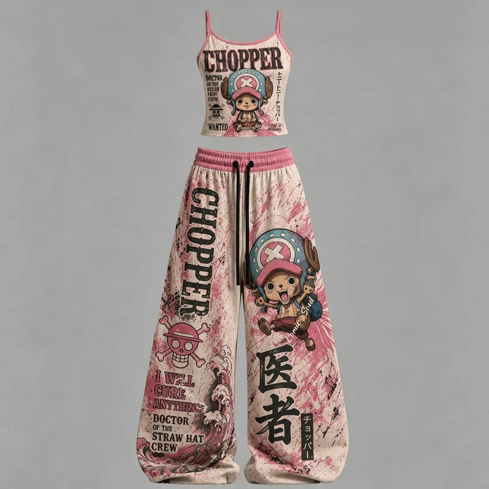 One Piece Tony Tony Chopper Doctor of the Straw Hat Crew Cami Top and Elasticated Trousers Two-Piece Set, Women's Pink Anime Lounge Outfit