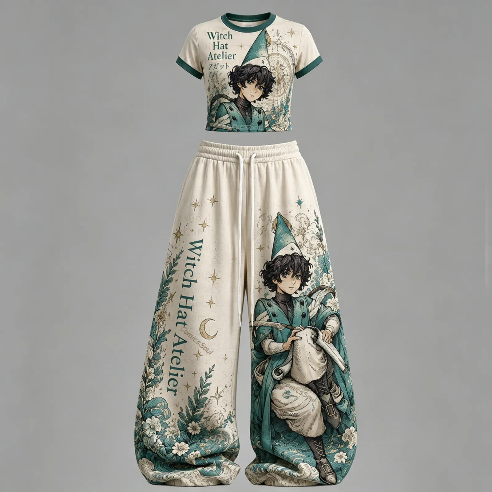 Witch Hat Atelier Agott Crop Tee and Wide Leg Trousers Two-Piece Set, Women's Cream and Teal Storybook Anime Lounge Outfit, Matching Set
