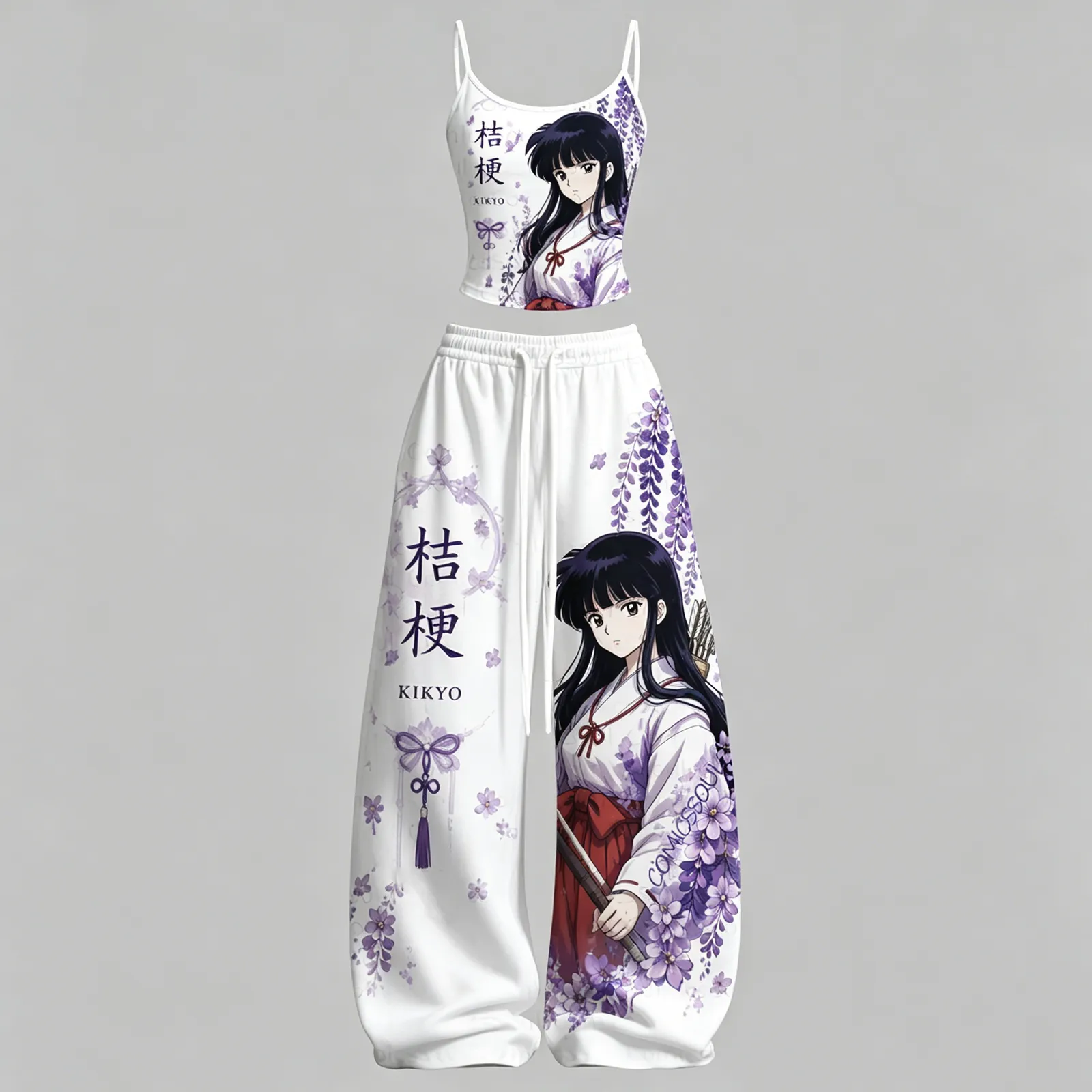 Inuyasha Kikyo Cami Crop Top and Wide Leg Trousers Two-Piece Set, Women's White and Lavender Wisteria Priestess Lounge Outfit, Matching Set