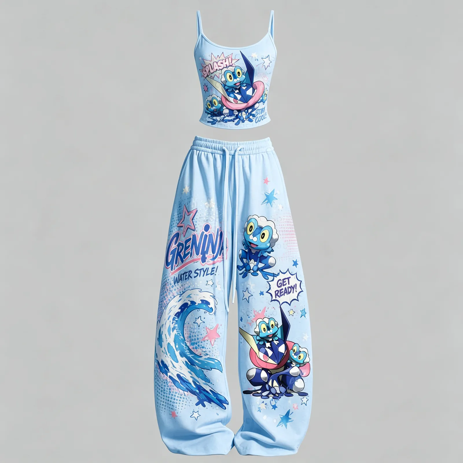 Pokémon Greninja Froakie Cami Crop Top and Wide Leg Trousers Two-Piece Set, Women's Light Blue Water Style Lounge Outfit, Comic Pop Art Gift