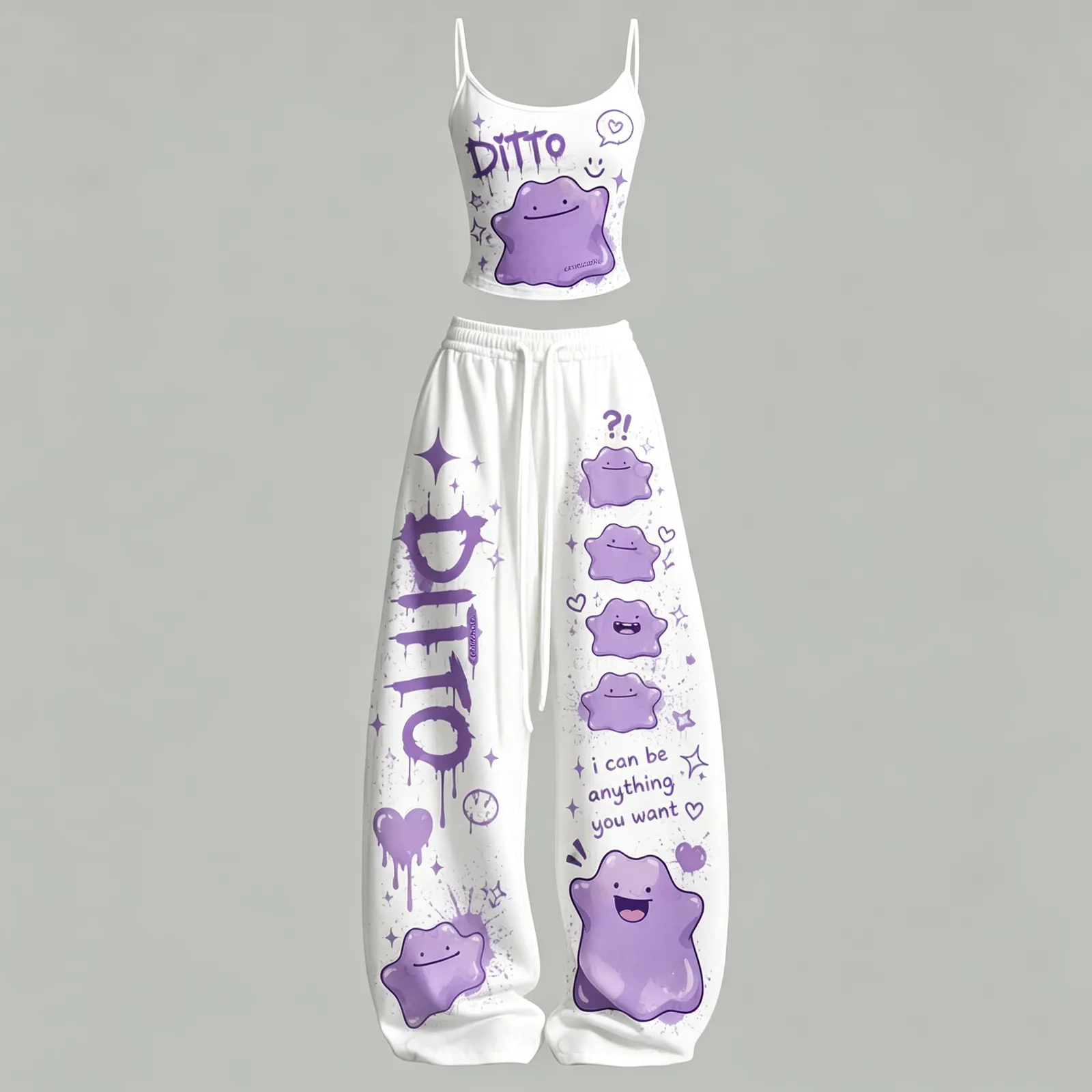 Pokémon Ditto Cami Crop Top and Wide Leg Trousers Two-Piece Set, Women's White and Purple Lounge Outfit, I Can Be Anything You Want