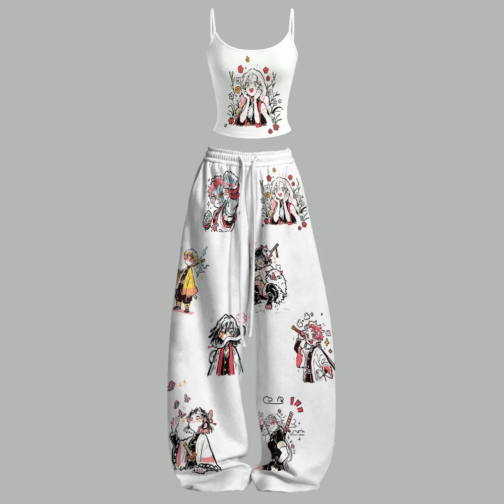 Demon Slayer Chibi Hashira Cami Crop Top and Wide Leg Trousers Two-Piece Set, Women's White Sketch Anime Lounge Outfit, Kimetsu no Yaiba Gift
