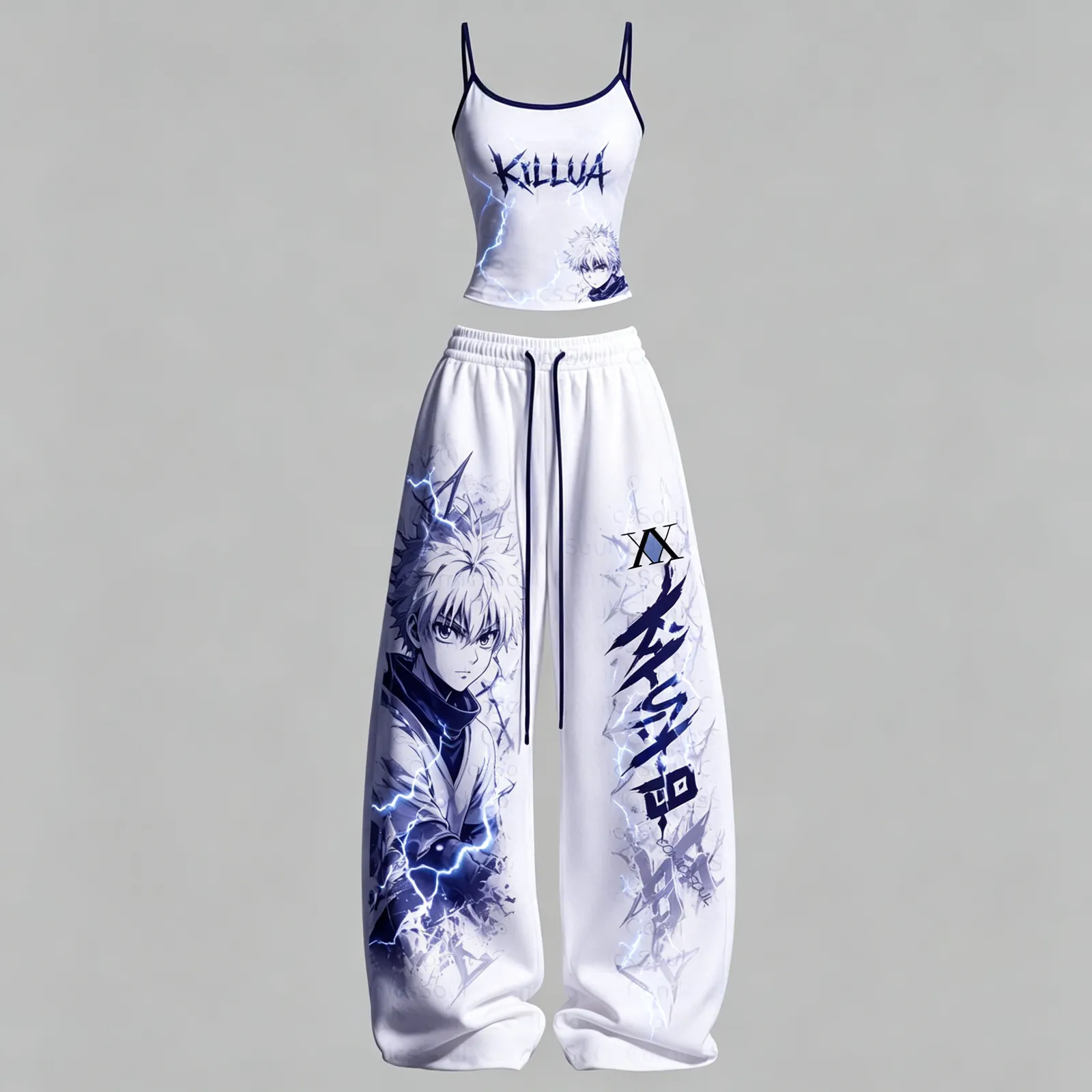 Hunter x Hunter Killua Zoldyck Lightning Cami Crop Top and Elasticated Wide Leg Trousers Two-Piece Set, Women's White and Indigo Anime Outfit