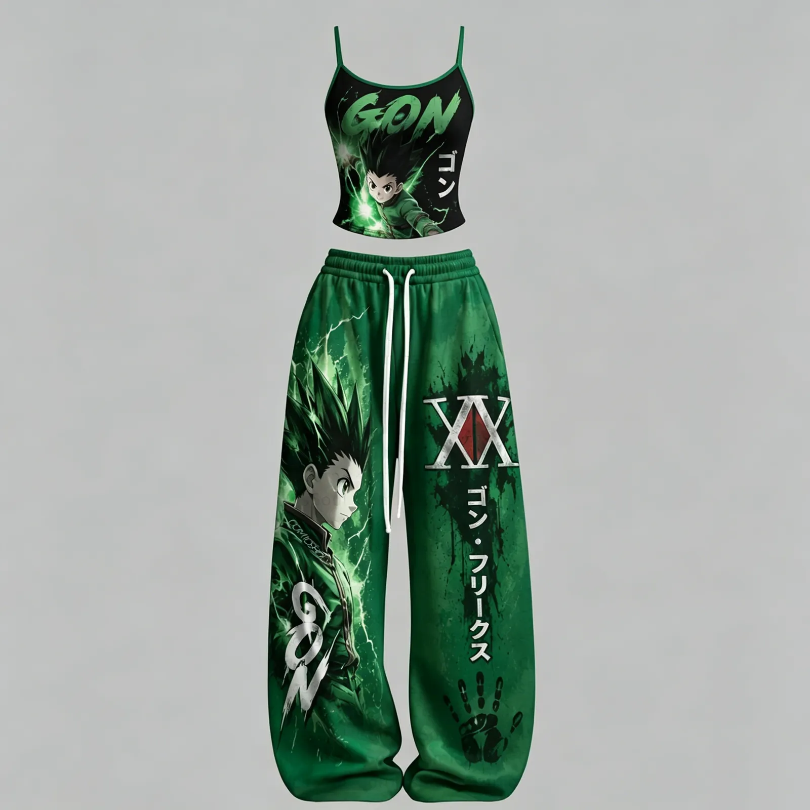 Hunter x Hunter Gon Freecss Cami Crop Top and Wide Leg Trousers Two-Piece Set, Women's Green and Black Nen Aura Anime Lounge Outfit, Gift