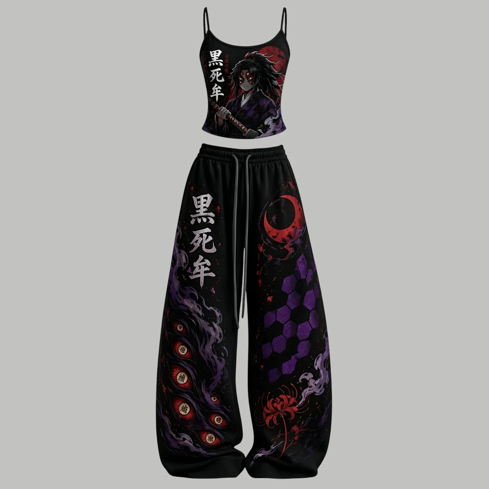 Demon Slayer Kokushibo Upper Moon One Cami Crop Top and Wide Leg Trousers Two-Piece Set, Women's Black and Purple Anime Lounge Outfit, Demon Set