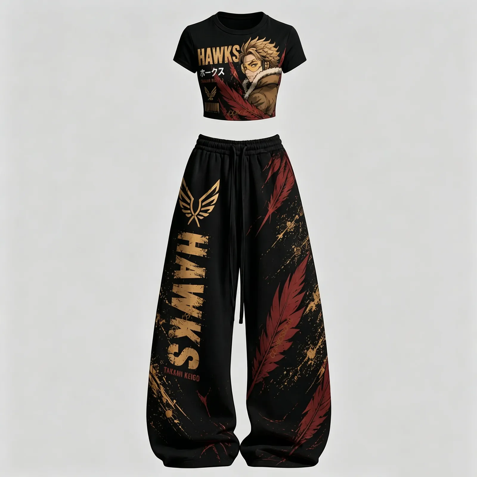 My Hero Academia Hawks Keigo Takami Crop Tee and Wide Leg Trousers Set, Women's Two-Piece Lounge Outfit, Red Feather Wing Anime Streetwear Set