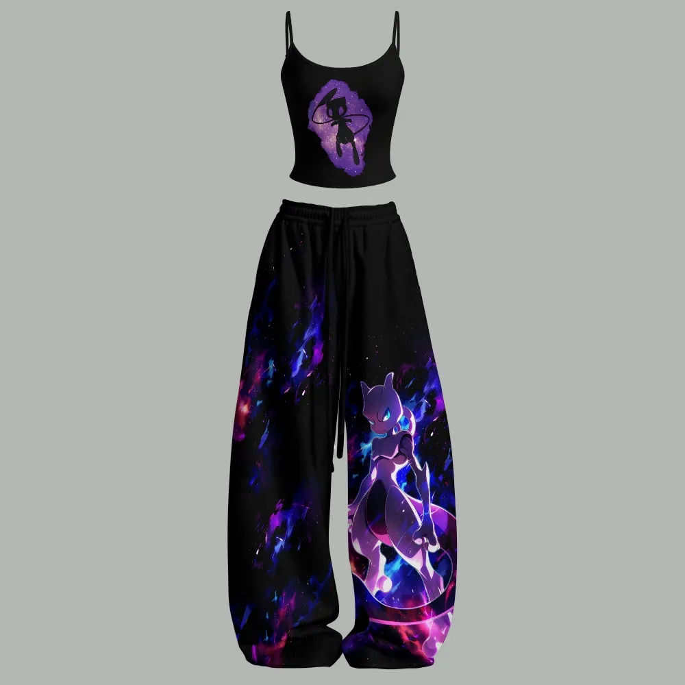 Pokémon Mew and Mewtwo Galaxy Cami Crop Top and Wide Leg Trousers Two-Piece Set, Women's Psychic Legendary Black Matching Lounge Outfit