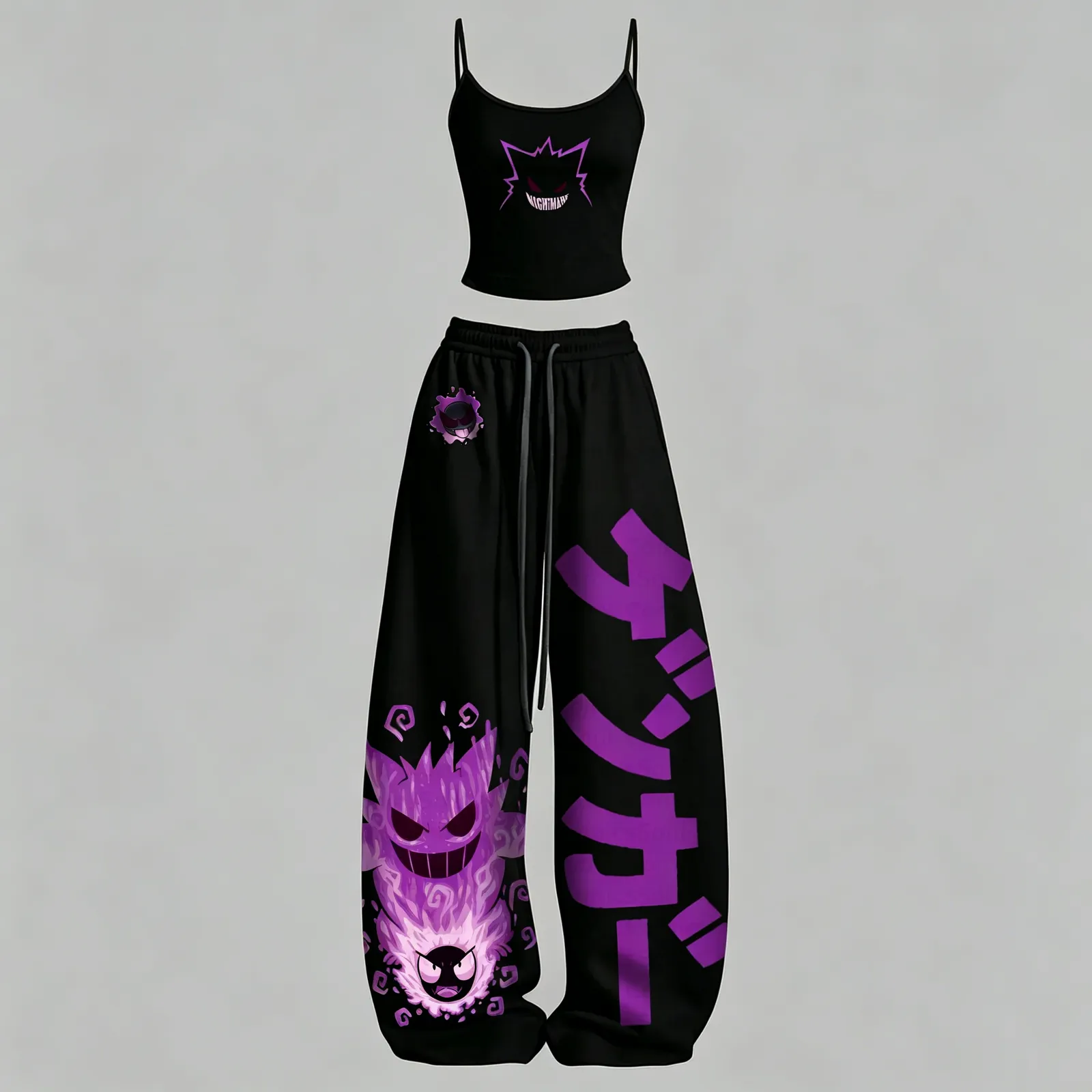 Pokémon Gengar Nightmare Cami Crop Top and Wide Leg Trousers Two-Piece Set, Women's Black and Purple Ghost Lounge Outfit, Anime Matching Set