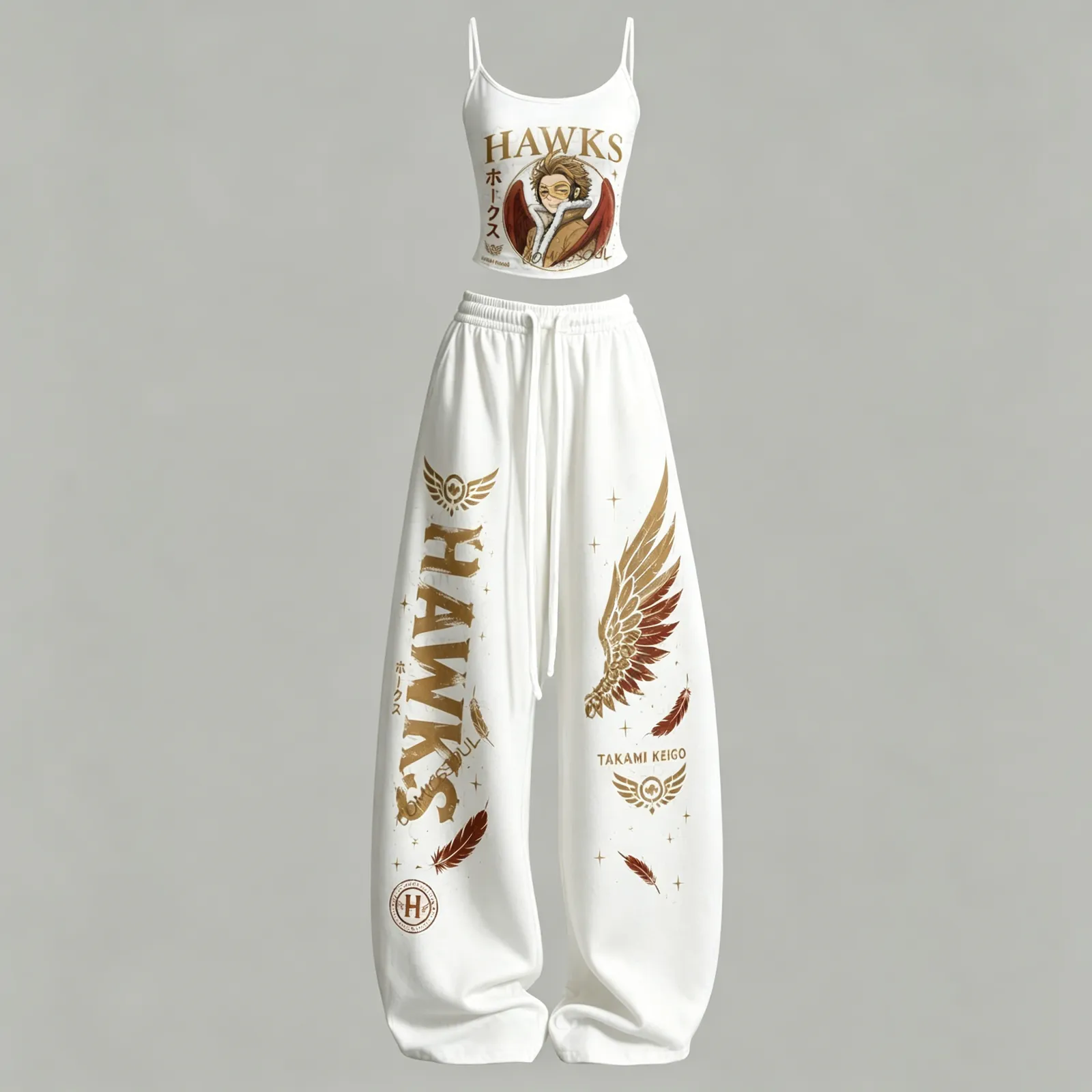 My Hero Academia Hawks Cami Crop Top and Wide Leg Trousers Two-Piece Set, Women's White and Gold Anime Lounge Outfit, Takami Keigo Red Wing Set
