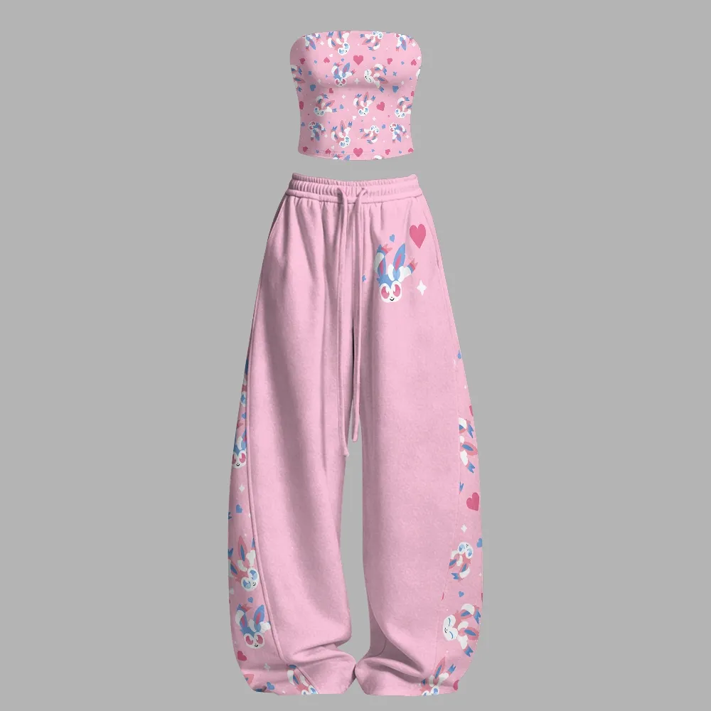 Pokémon Sylveon Strapless Tube Top and Wide Leg Trousers Two-Piece Set, Pink Heart and Ribbon Pattern, Women's Fairy Type Lounge Outfit