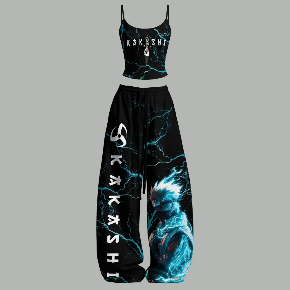 Naruto Kakashi Hatake Lightning Cami Crop Top and Wide Leg Trousers Two-Piece Set, Black Electric Blue Anime Lounge Outfit, Women's Co-ord