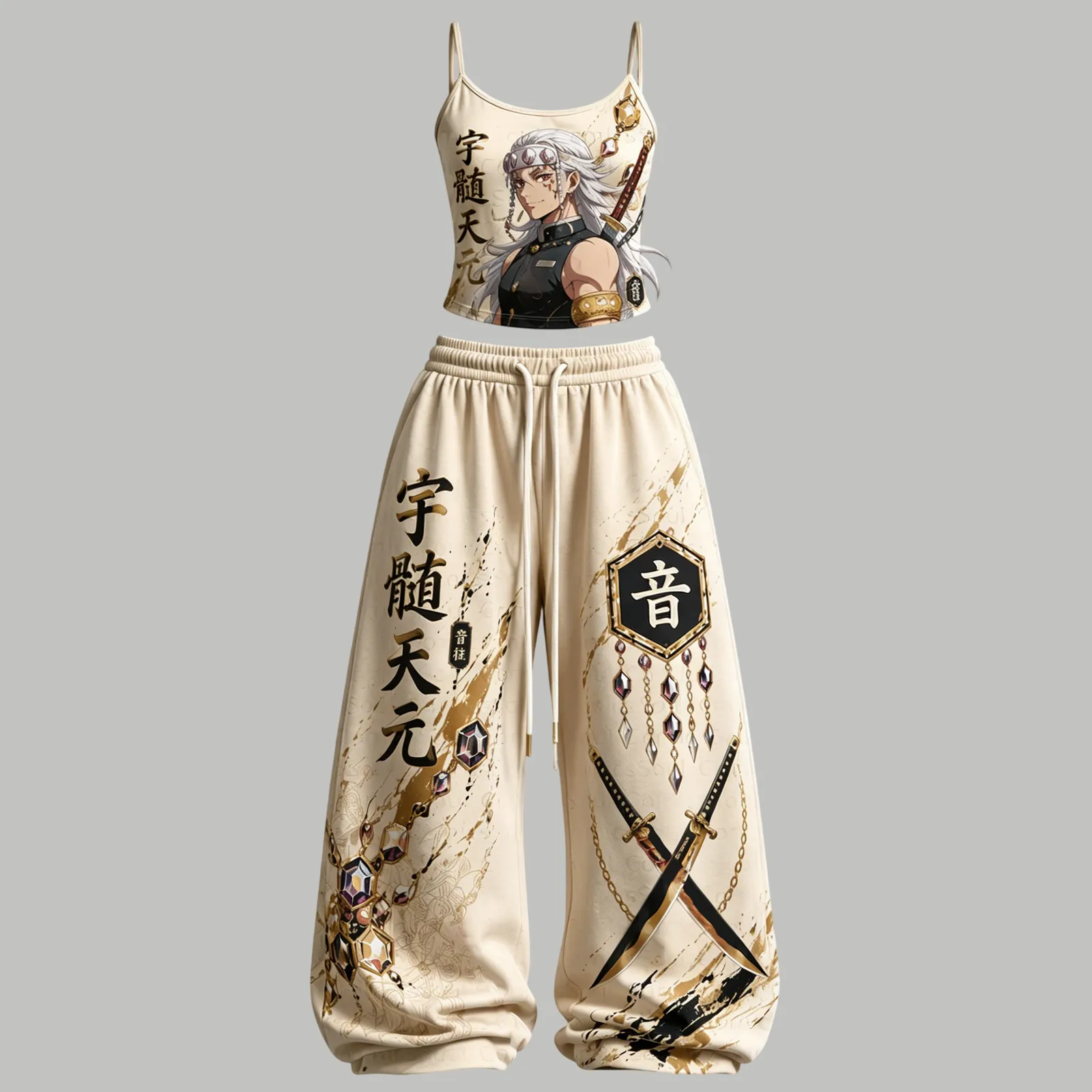 Demon Slayer Tengen Uzui Sound Hashira Cami Top and Elasticated Trousers Two-Piece Set, Women's Cream and Gold Jewel Anime Lounge Outfit