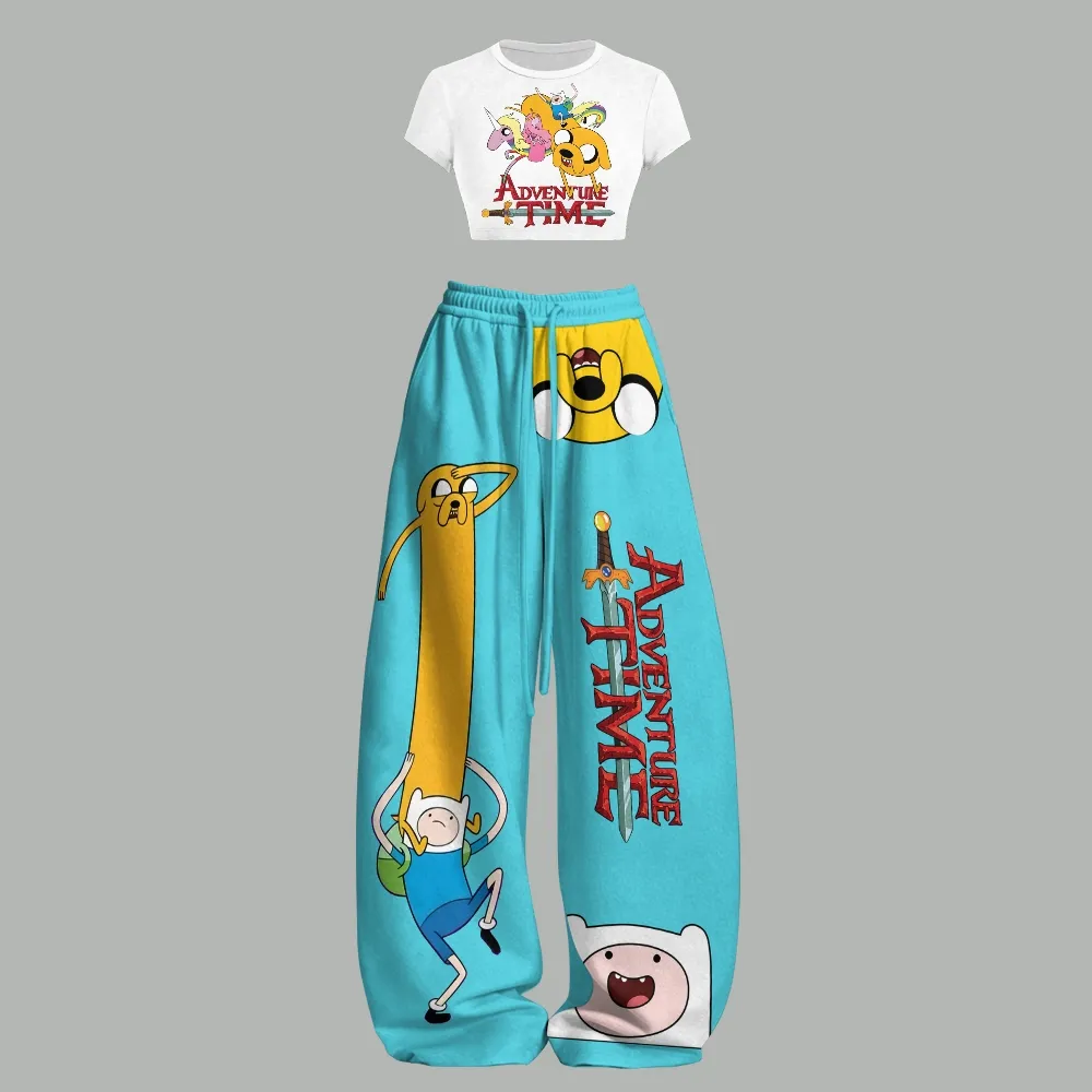 Adventure Time Finn & Jake Women Crop Tee and Wide Leg Trousers Two-Piece Set, Sky Blue Yellow Cartoon Lounge Outfit, Princess Bubblegum