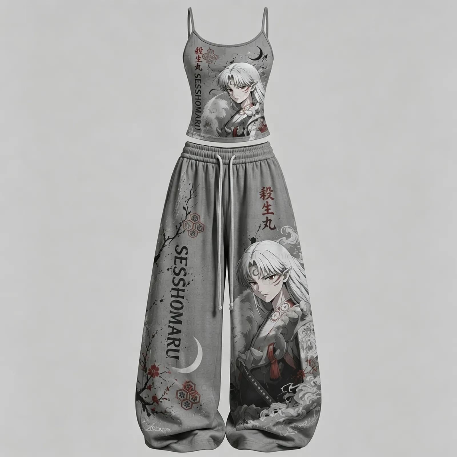 Inuyasha Sesshomaru Cami Crop Top and Wide Leg Trousers Two-Piece Set, Women's Grey Anime Lounge Outfit, Crescent Moon Matching Set