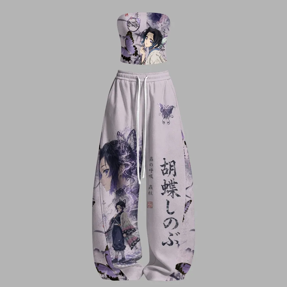 Demon Slayer Shinobu Kocho Strapless Tube Top and Wide Leg Trousers Two-Piece Set, Women's Butterfly Insect Hashira Anime Matching Outfit
