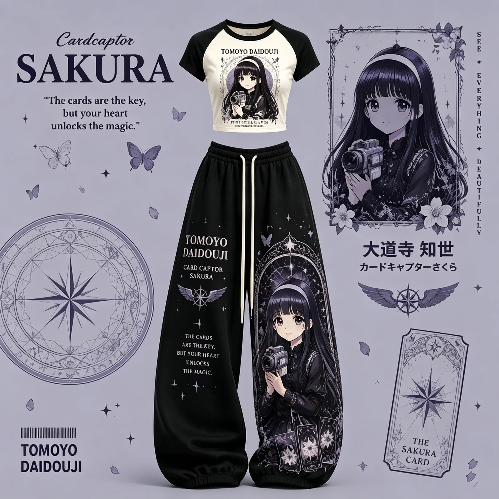 Cardcaptor Sakura Tomoyo Daidouji Crop Tee and Elasticated Wide Leg Trousers Two-Piece Set, Women's Black and Cream Anime Lounge Outfit