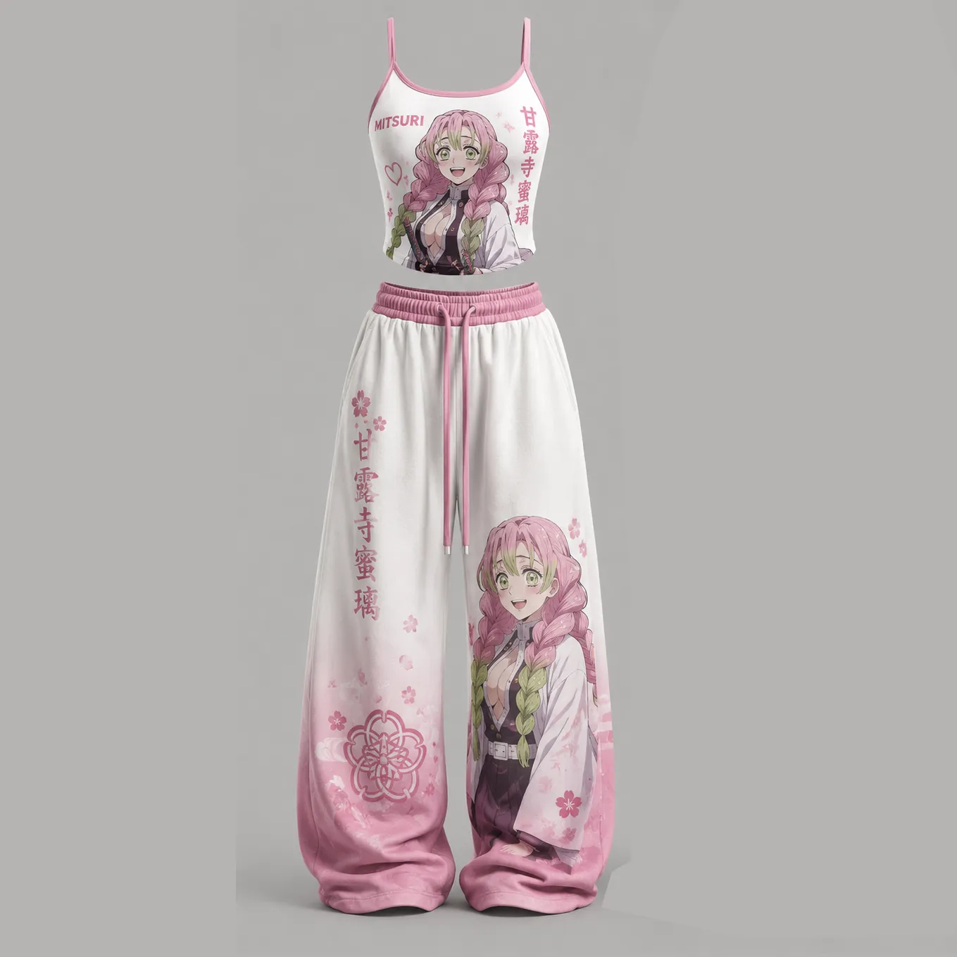 Demon Slayer Mitsuri Kanroji Cami Crop Top and Wide Leg Trousers Set, Women's Two-Piece Lounge Outfit, Love Hashira Pink Cherry Blossom Set
