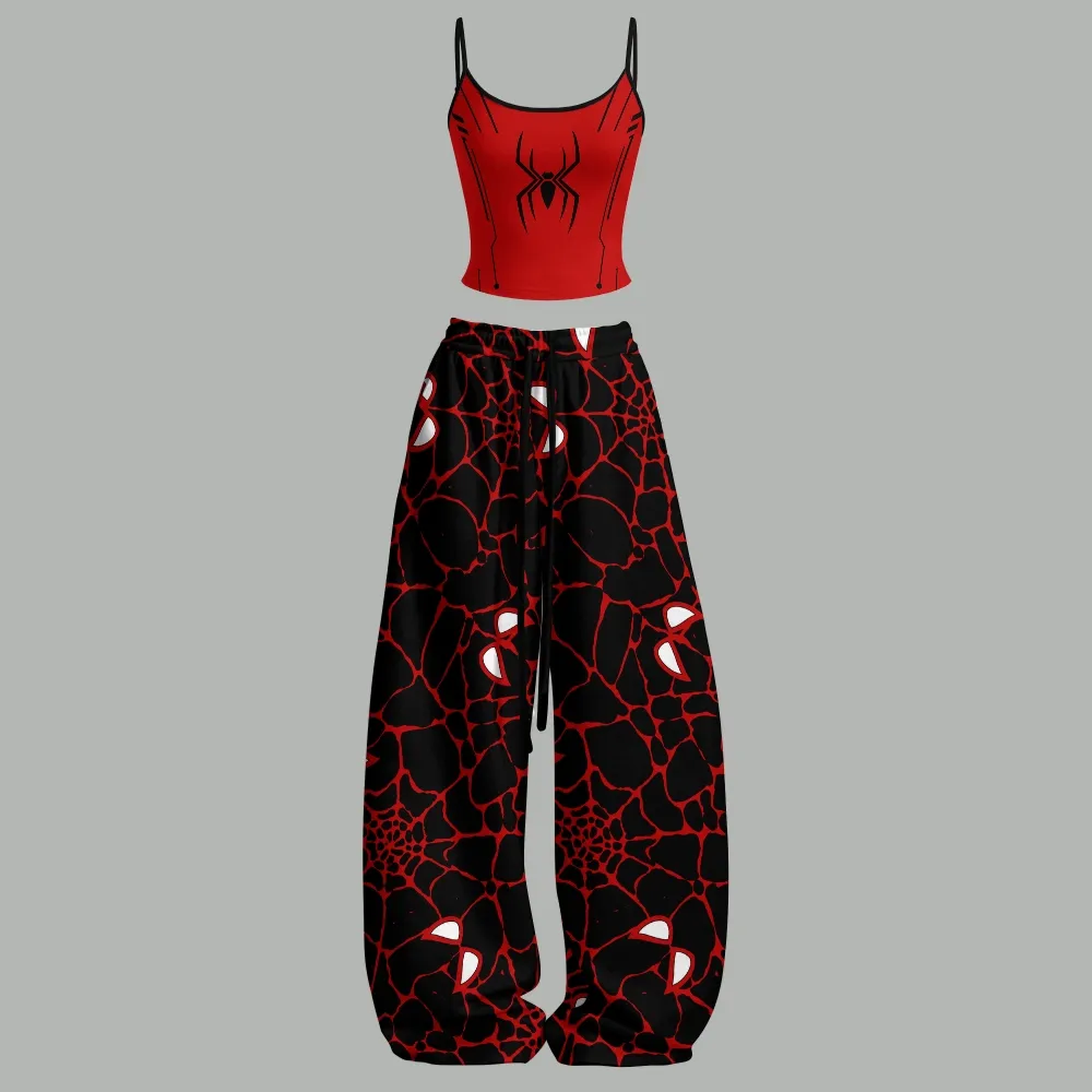 Spider-Man Cami Crop Top and Wide Leg Trousers Two-Piece Set, Red Mask Emblem and Web Print, Marvel Superhero Matching Lounge Outfit