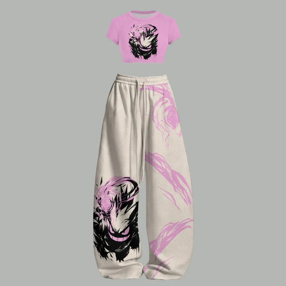Pokémon Gengar Shadow Women Crop T-Shirt and Elasticated Trousers Two-Piece Set, Pink and Cream Ghost Anime Lounge Outfit, Pokemon Matching Set