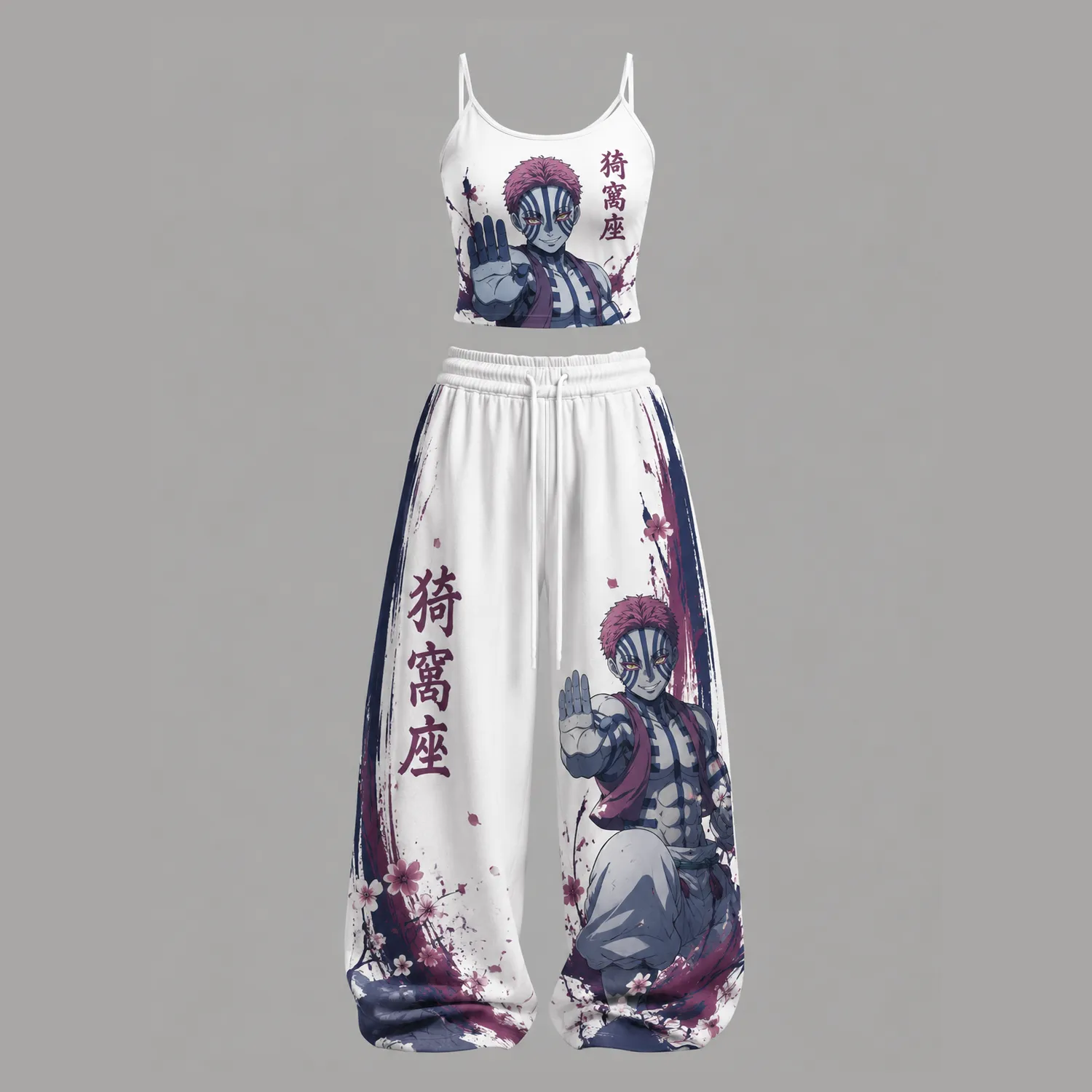 Demon Slayer Akaza Upper Moon Three Cami Crop Top and Wide Leg Trousers Two-Piece Set, Women's Kimetsu no Yaiba Anime Matching Outfit