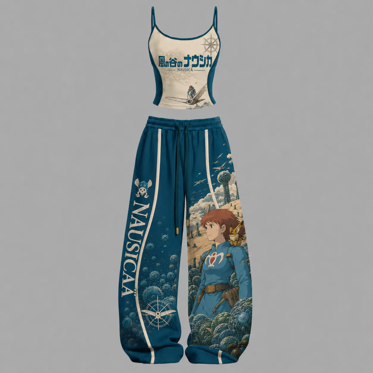 Nausicaä of the Valley of the Wind Cami Crop Top and Wide Leg Trousers Two-Piece Set, Women's Teal Studio Ghibli Lounge Outfit, Matching Set