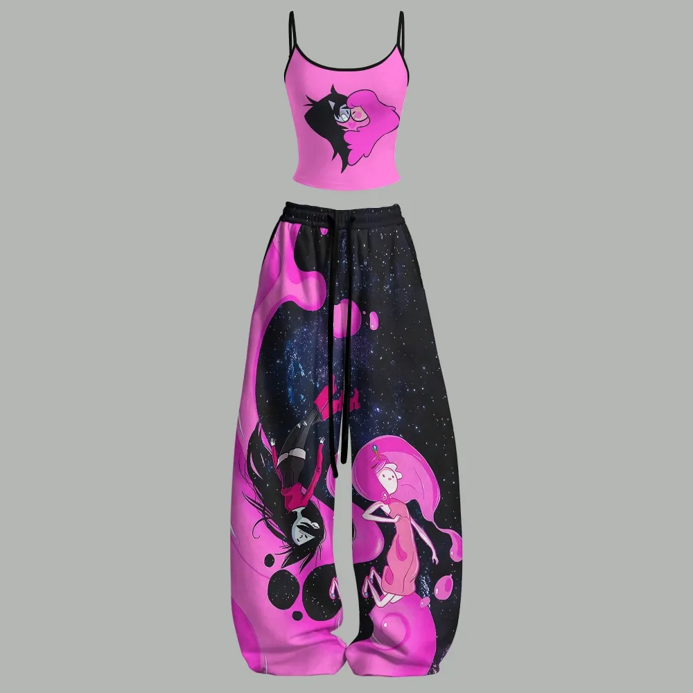 Adventure Time Marceline and Princess Bubblegum Cami Crop Top and Wide Leg Trousers Two-Piece Set, Women's Pink Galaxy Lounge Outfit, Bubbline