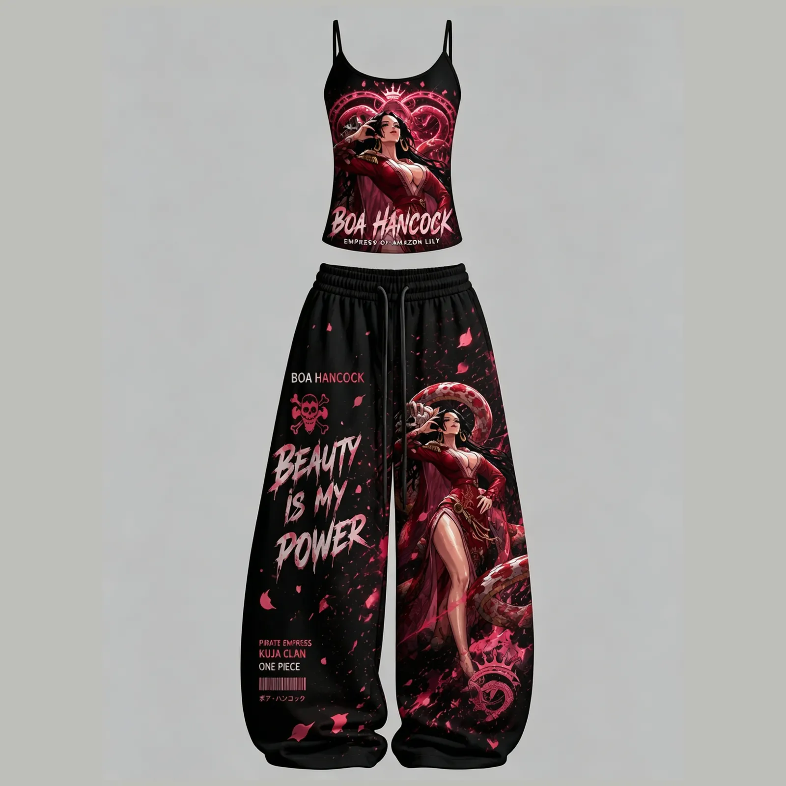 One Piece Boa Hancock Pirate Empress Cami Crop Top and Wide Leg Trousers Set, Women's Two-Piece Lounge Outfit, Beauty Is My Power Anime Set