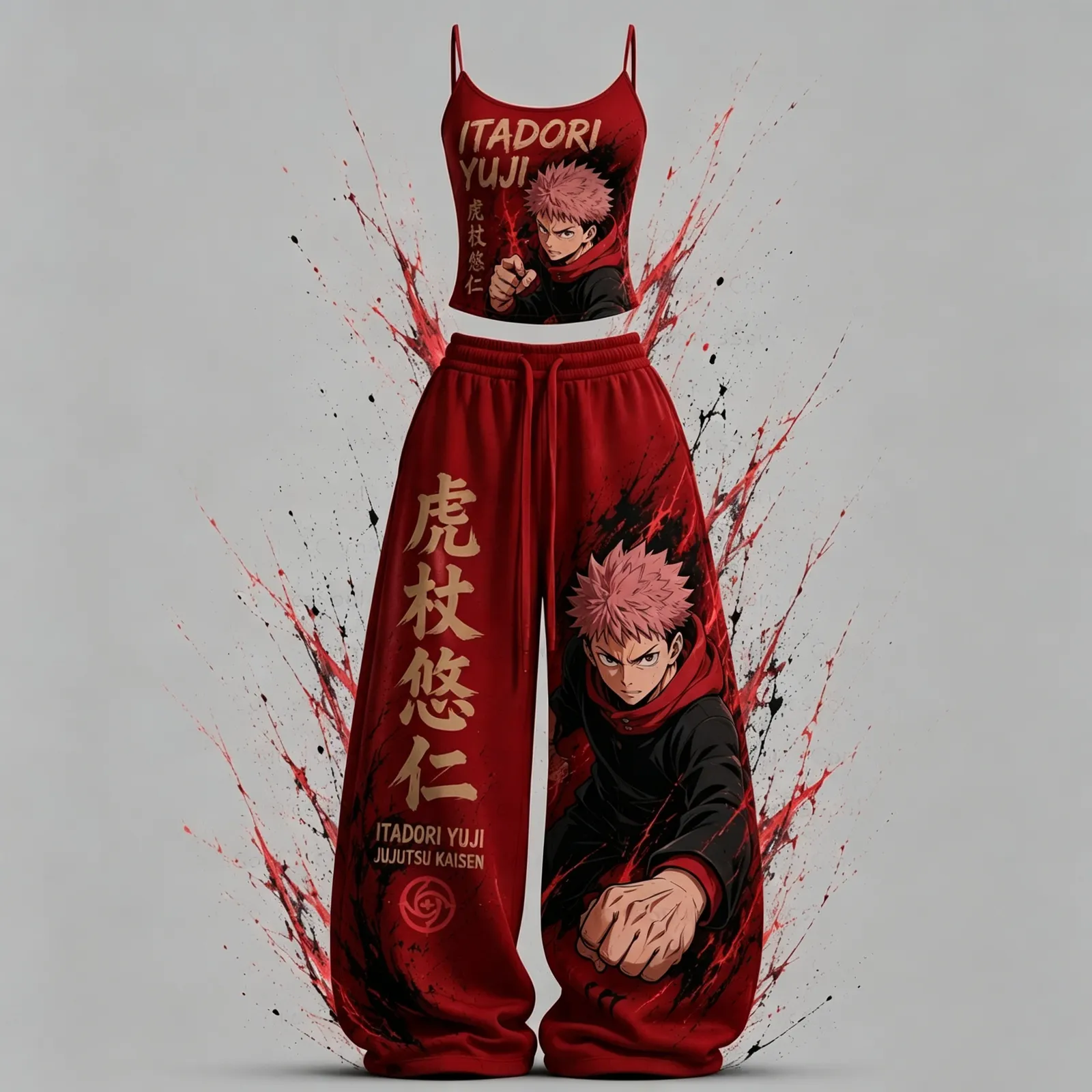 Jujutsu Kaisen Yuji Itadori Cami Crop Top and Wide Leg Trousers Two-Piece Set, Women's Red Black Anime Lounge Outfit, JJK Fan Matching Set