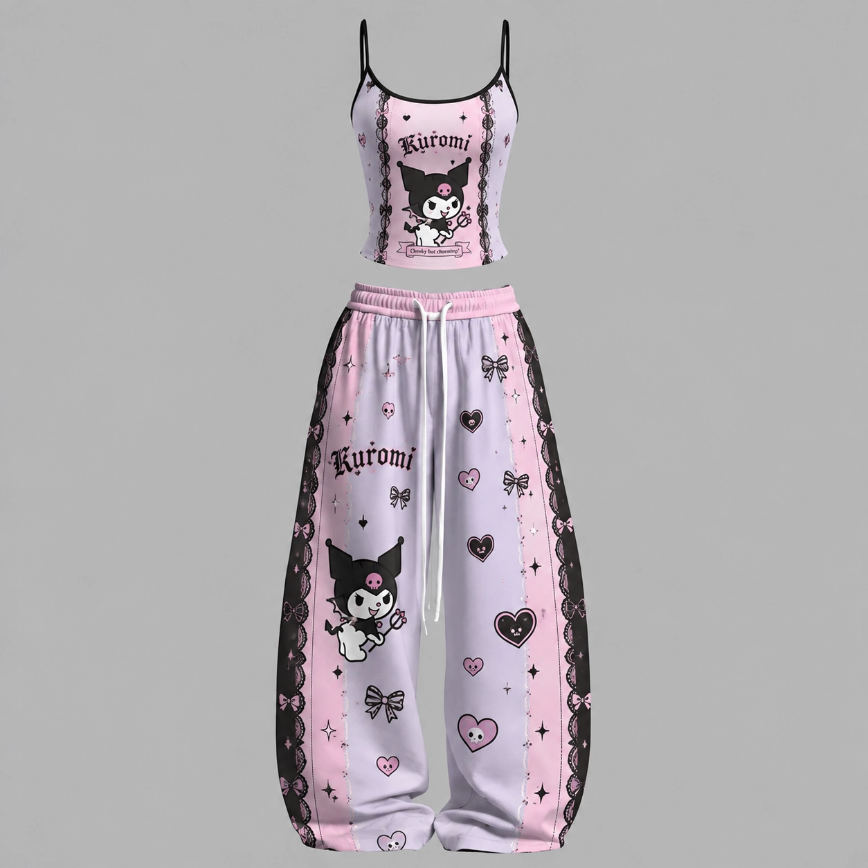 Hello Kitty Kuromi Cami Crop Top and Wide Leg Trousers Two-Piece Set, Women's Pink and Lavender Sanrio Lounge Outfit, Kawaii Gothic Matching Set
