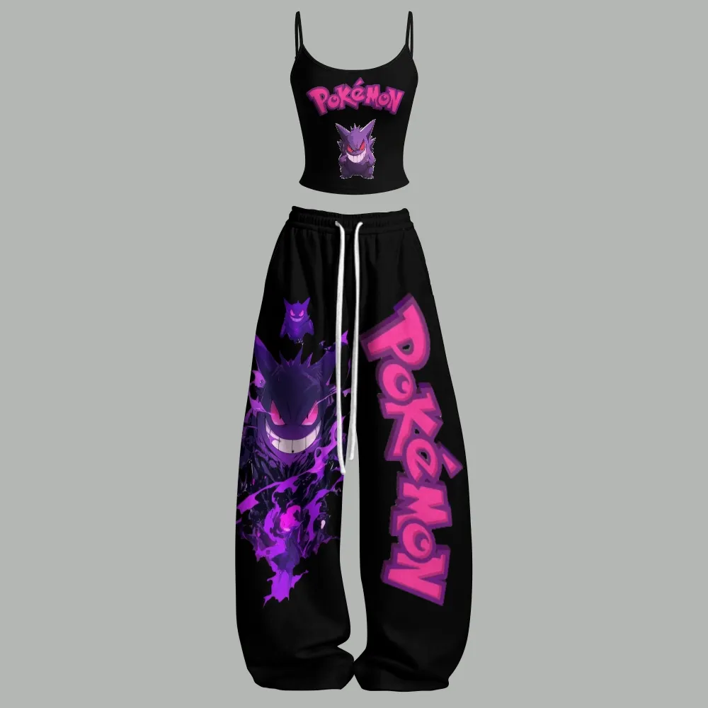 Pokémon Gengar Cami Crop Top and Elasticated Wide Leg Trousers Two-Piece Set, Women's Black and Pink Ghost-Type Anime Matching Lounge Outfit