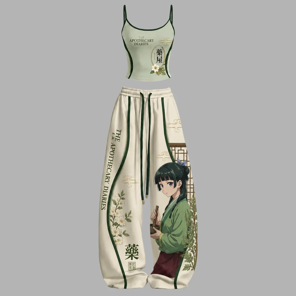 The Apothecary Diaries Maomao Herb Grinding Cami Crop Top and Wide Leg Trousers Two-Piece Set, Sage Cream Anime Lounge Outfit, Women's Co-ord