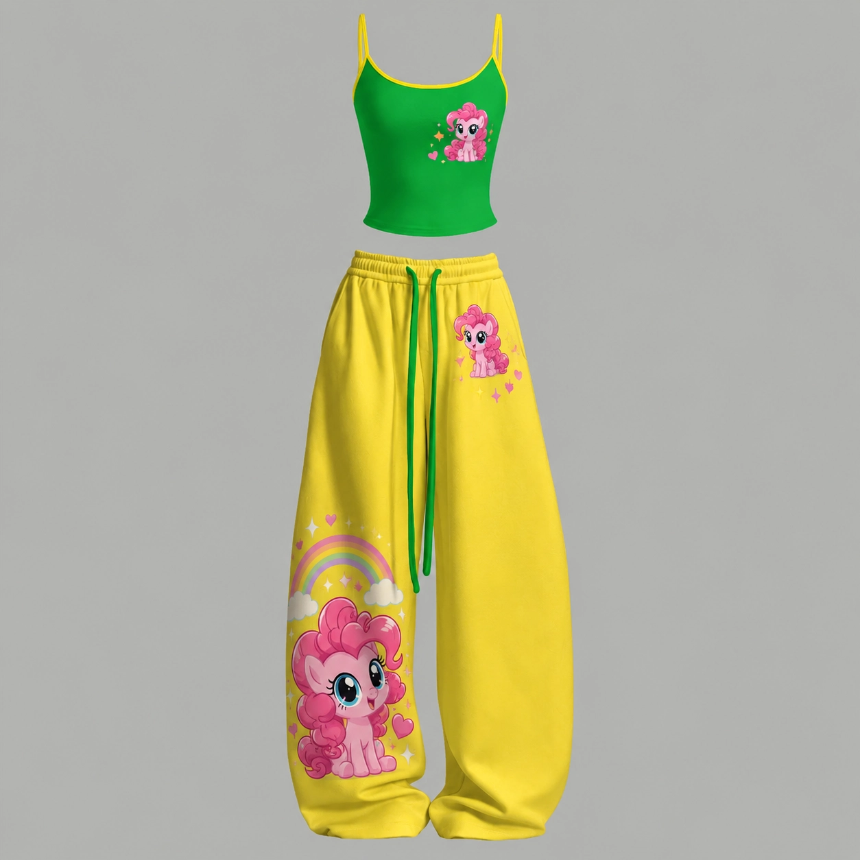 My Little Pony Baby Pinkie Pie Cami Top and Elasticated Trousers Two-Piece Set, Women's Green and Yellow Rainbow Lounge Outfit, Pony Matching Set