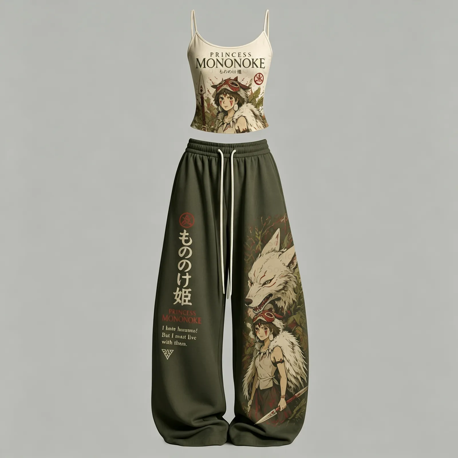 Princess Mononoke San and Moro Cami Crop Top and Olive Wide Leg Trousers Set, Women's Two-Piece Lounge Outfit, Studio Ghibli Wolf Girl Set