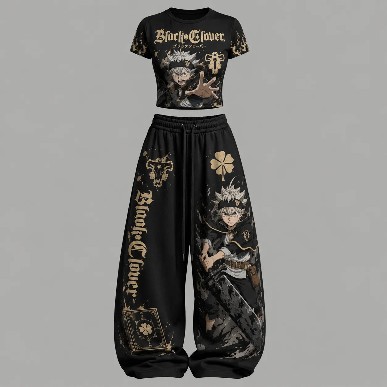 Black Clover Asta Crop Tee and Wide Leg Trousers Two-Piece Set, Antique Gold Grimoire Anime Lounge Outfit, Women's Magic Knight Matching Co-ord