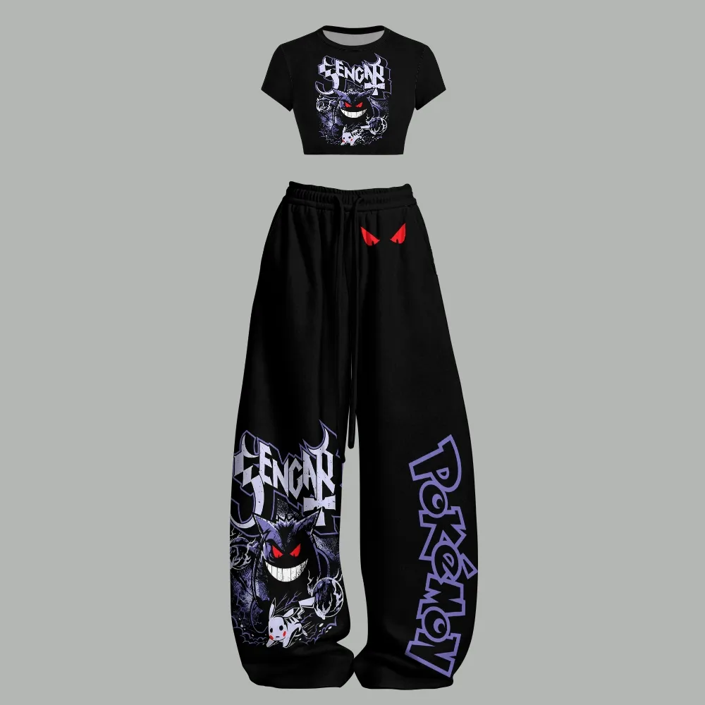 Pokémon Gengar Crop Tee and Wide Leg Trousers Two-Piece Set, Black Ghost Type Metal Logo Print with Pikachu, Women's Gamer Lounge Outfit