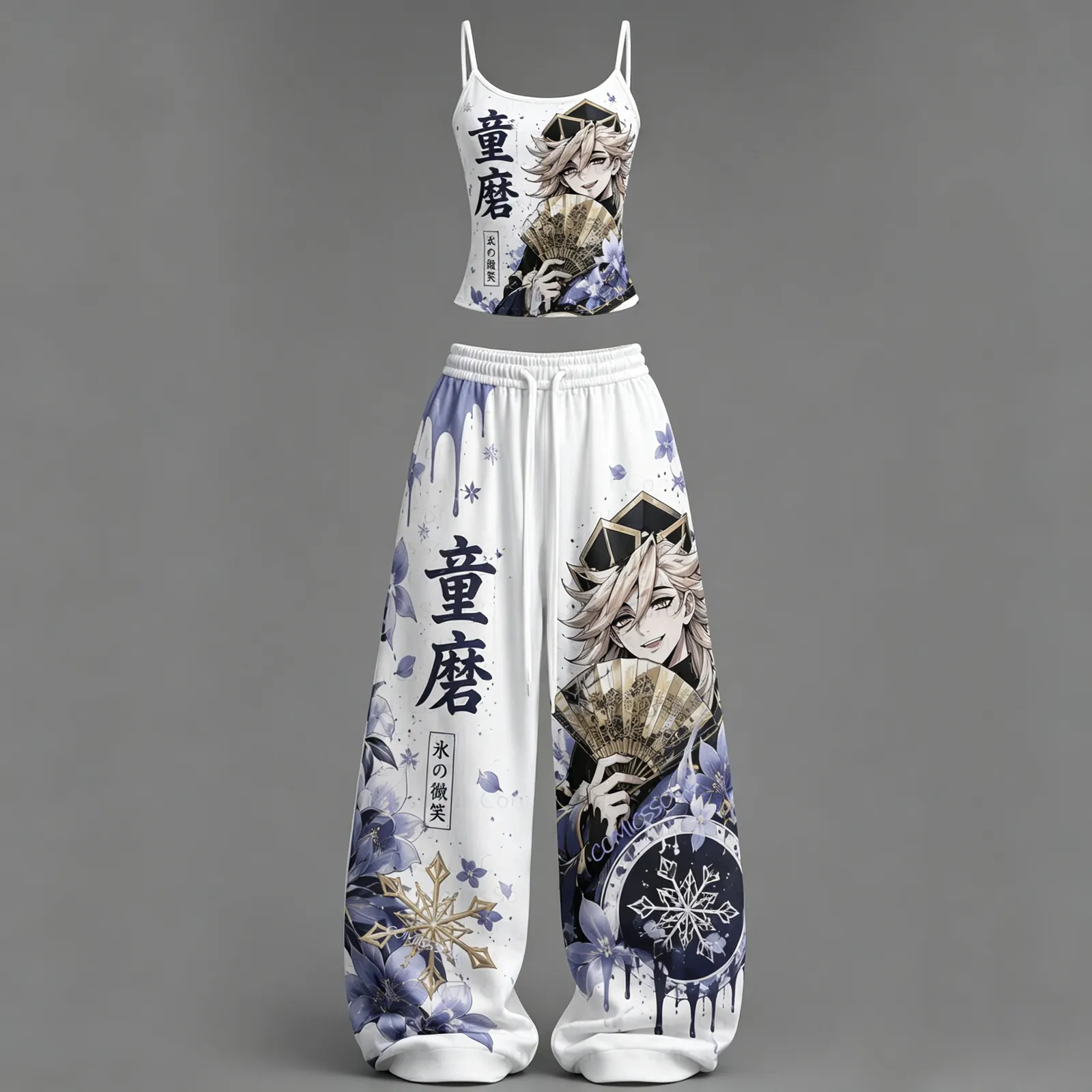 Demon Slayer Doma Upper Moon Two Cami Crop Top and Wide Leg Trousers Two-Piece Set, Women's White and Lavender Anime Lounge Outfit, Snowflake Set