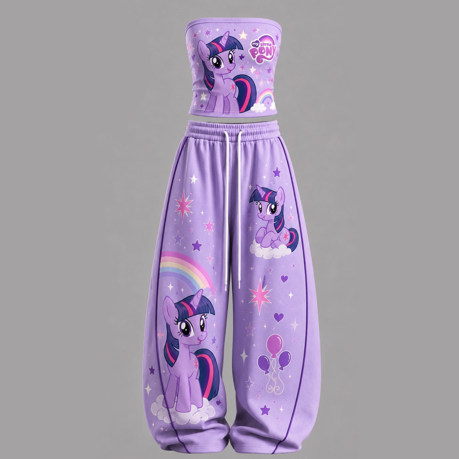 My Little Pony Twilight Sparkle Strapless Tube Crop Top and Wide Leg Trousers Two-Piece Set, Lavender Rainbow Lounge Outfit, Women's Co-ord