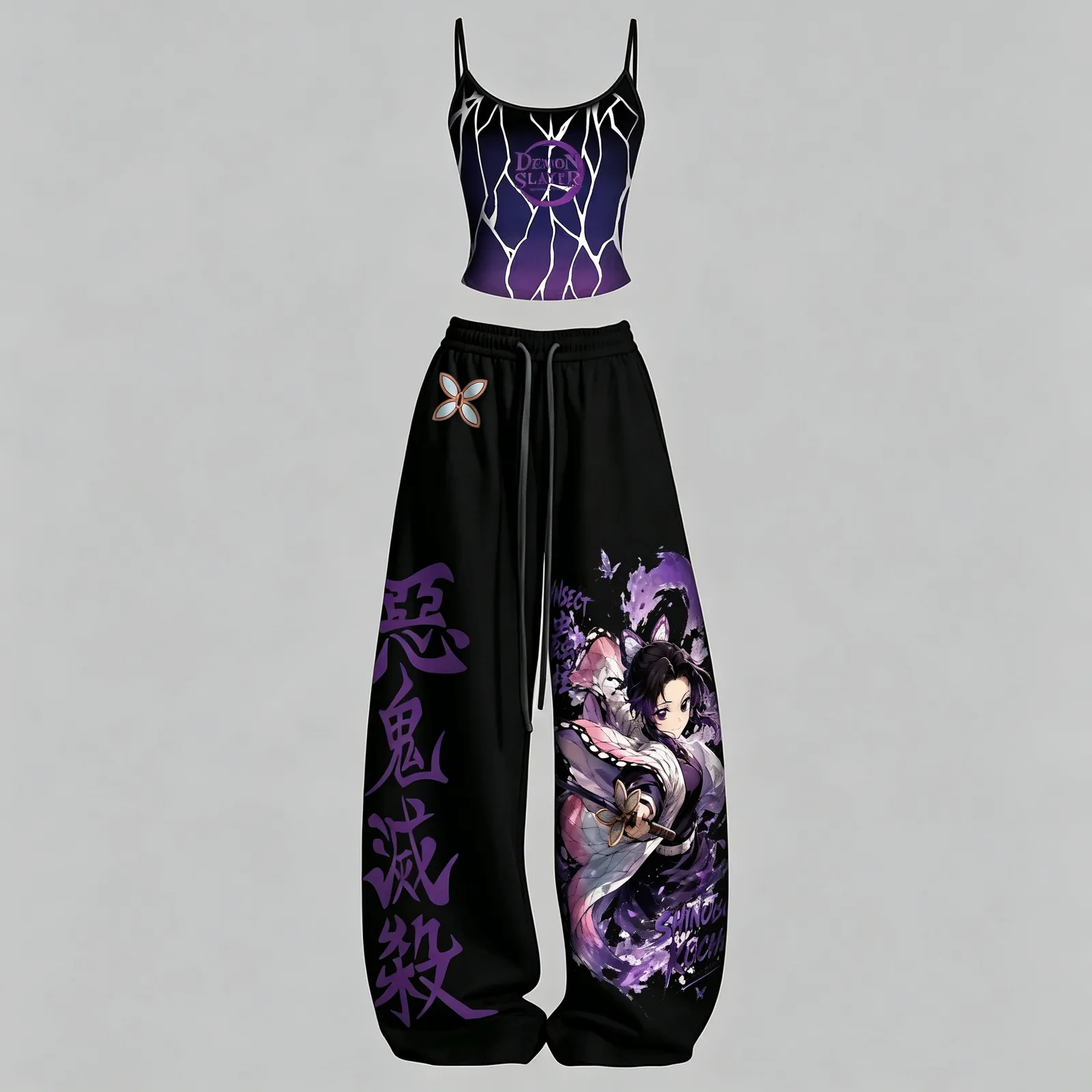 Demon Slayer Shinobu Kocho Cami Crop Top and Wide Leg Trousers Two-Piece Set, Women's Black and Purple Butterfly Hashira Anime Lounge Outfit