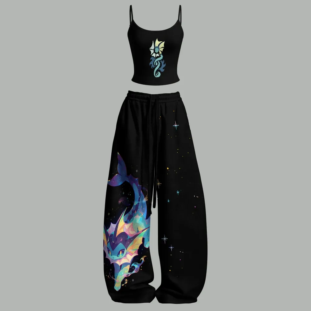 Pokémon Vaporeon Cami Crop Top and Wide Leg Trousers Two-Piece Set, Women's Black Galaxy Water Eeveelution Lounge Outfit, Pokémon Fan Gift