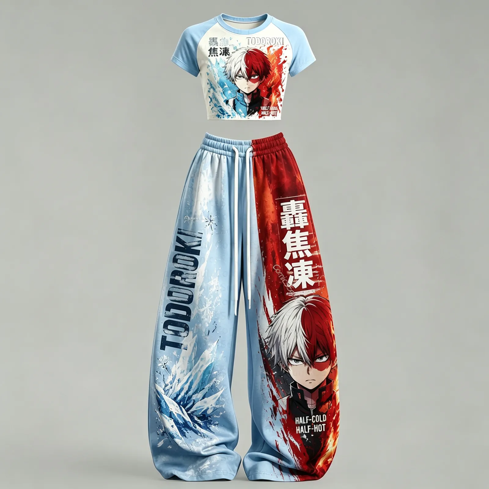 My Hero Academia Shoto Todoroki Raglan Crop Tee and Wide Leg Trousers Set, Women's Two-Piece Lounge Outfit, Half-Cold Half-Hot Ice Fire Set