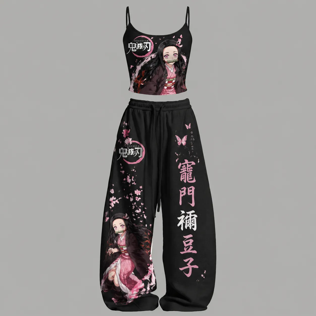 Demon Slayer Nezuko Kamado Cami Crop Top and Wide Leg Trousers Two-Piece Set, Women's Anime Lounge Outfit, Cherry Blossom Matching Set