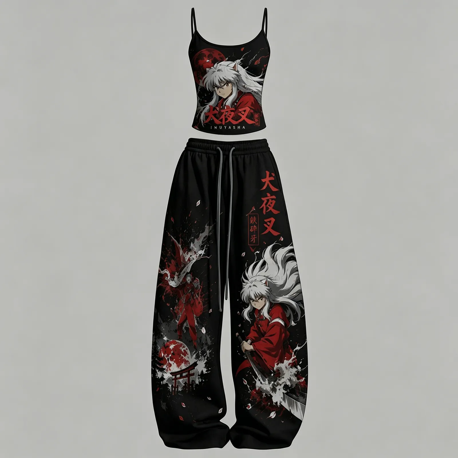Inuyasha Half Demon Cami Crop Top and Wide Leg Trousers Set, Women's Two-Piece Lounge Outfit, Crimson Moon Torii Gate Black and Red Anime Set