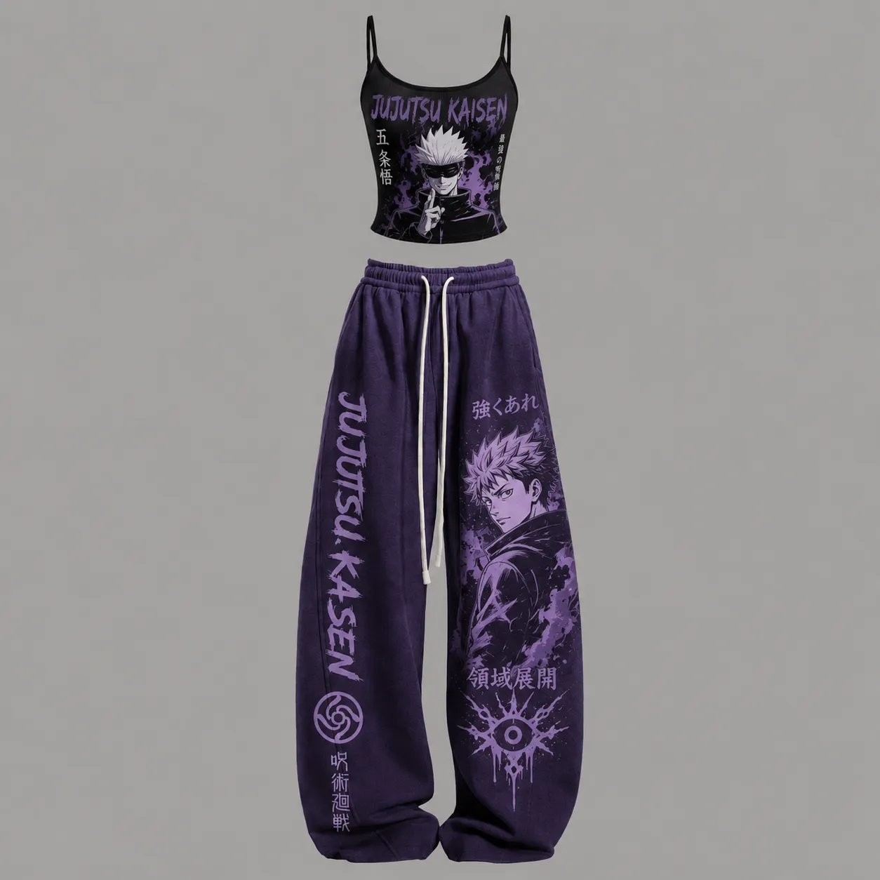 Jujutsu Kaisen Satoru Gojo Cami Crop Top and Wide Leg Trousers Two-Piece Set, Women's Black Purple Anime Lounge Outfit, Yuji Domain Expansion