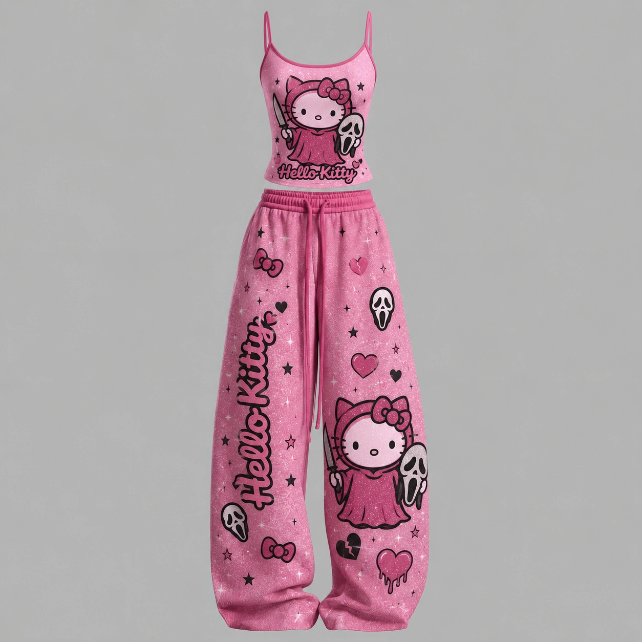 Hello Kitty Ghostface Cami Crop Top and Wide Leg Trousers Two-Piece Set, Women's Pink Halloween Horror Lounge Outfit, Spooky Matching Set