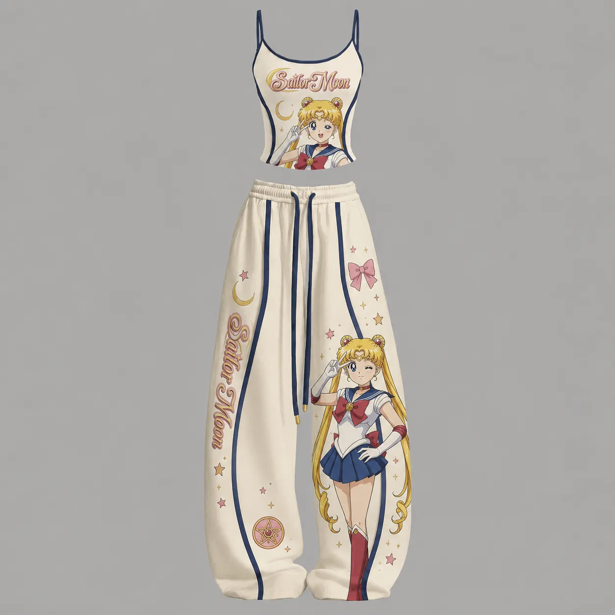 Sailor Moon Usagi Tsukino Cami Crop Top and Wide Leg Trousers Two-Piece Set, Women's Cream and Navy Striped Anime Matching Lounge Outfit