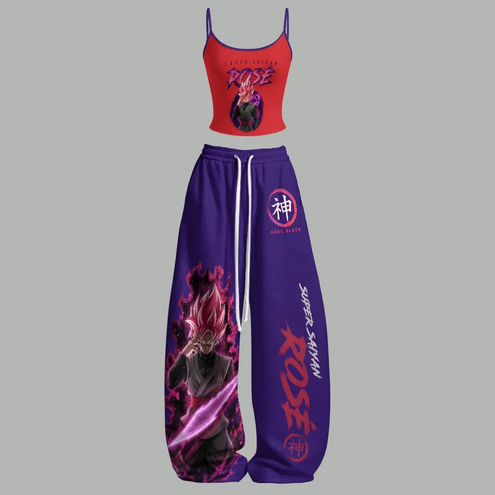 Dragon Ball Super Goku Black Super Saiyan Rose Cami Top and Elasticated Trousers Two-Piece Set, Women's Red and Purple Anime Lounge Outfit