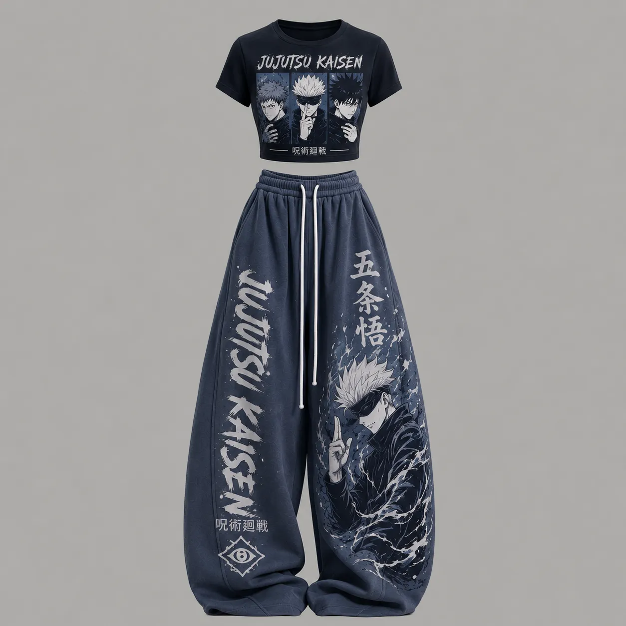 Jujutsu Kaisen Gojo Satoru Crop Tee and Wide Leg Trousers Two-Piece Set, Women's Navy Yuji Megumi Anime Lounge Outfit, Manga Matching Set